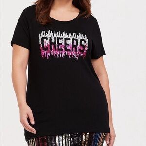 Torrid Holiday Super Soft Knits black sequined "Cheers" short-sleeve t-shirt.